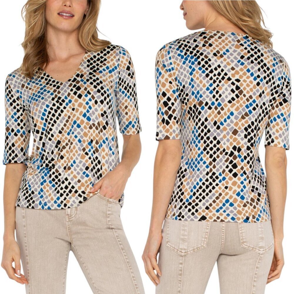 Liverpool Lapis Snake Top Short Sleeve V-Neck Knit Top - Blue/Brown/Gold - XL